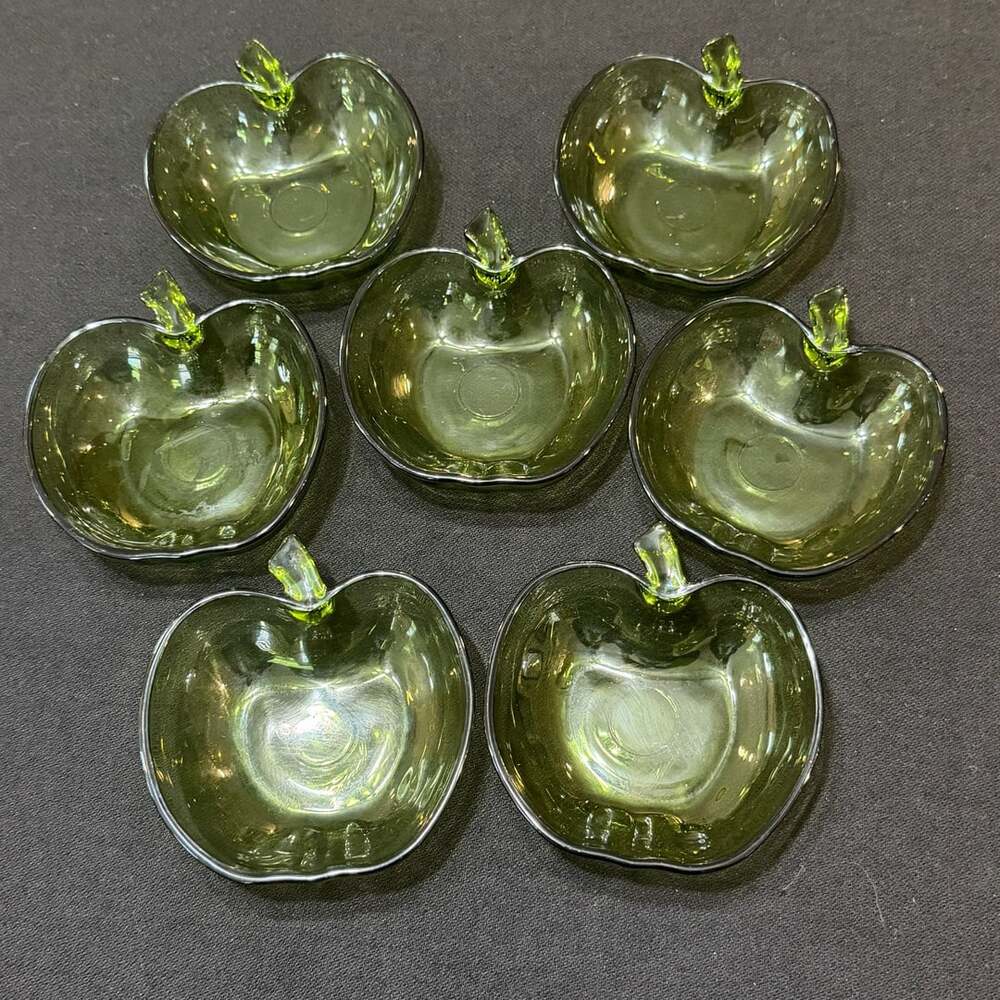 Vintage Hazel Atlas Avocado Green Glass Apple Shaped Bowls Set Of 7